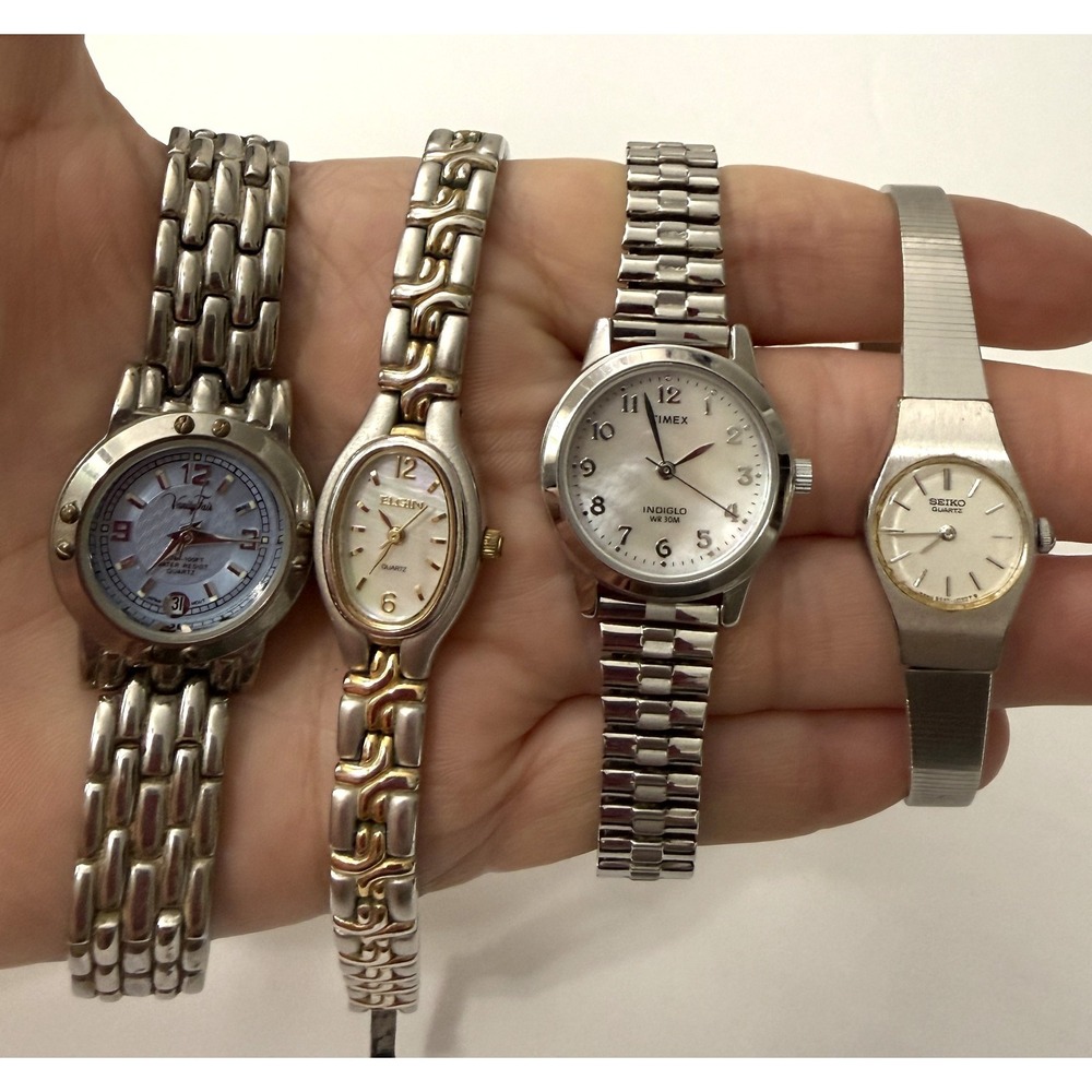 Lot of 4 Watches Quartz Gold Tone Silver Tone Seiko, Elgin, Timex, Vanity Fair